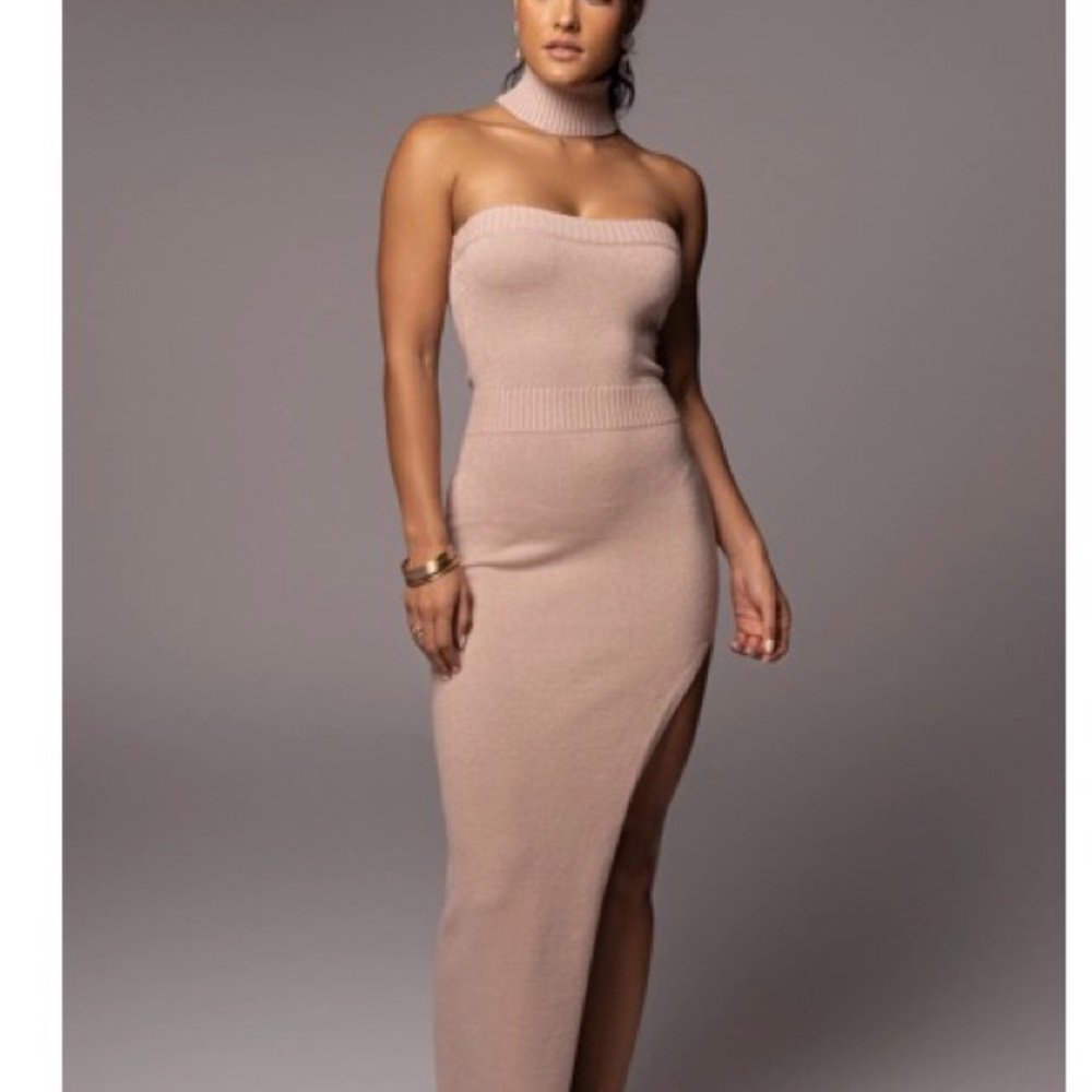 JLUXLABEL Strapless High-Slit Knit Maxi Dress in Nude